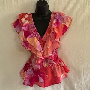D-61 Sofia Pink & Orange Ruffled Sleeveless Pullover Blouse Size M‎